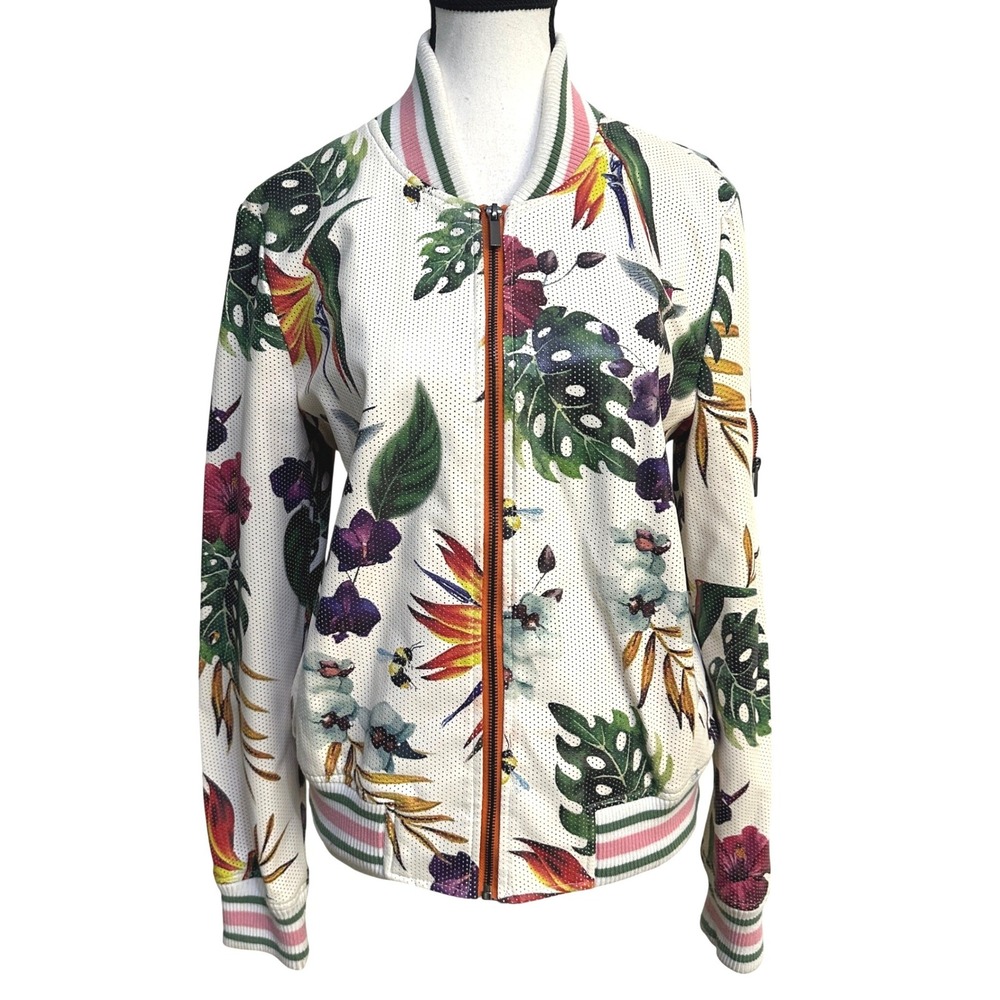 Tropical Floral Faux Leather Bomber Jacket M Maximalist Whimsy Streetwear Retro